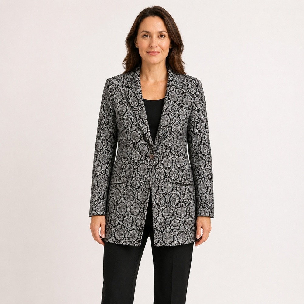 Dialogue Women's Size 10 Black Silver Floral Brocade Longline Blazer Jacket